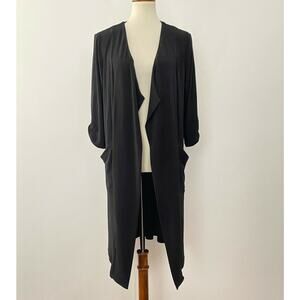Tahari XS Open Front Tab Sleeve Cardigan Draped Collar Black